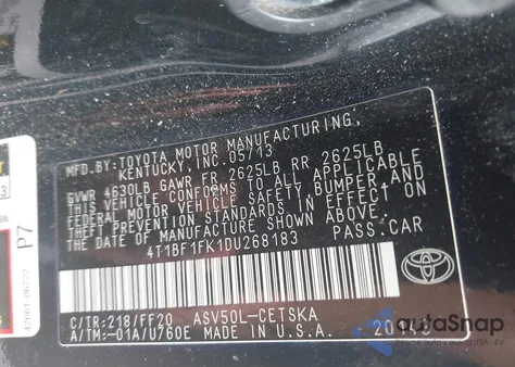 2013 Toyota Camry Se z USA, uszkodzony, nr VIN 4T1BF1FK1DU268183